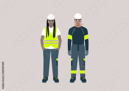 Two people are dressed in personal protective equipment, demonstrating safety standards at a construction site, emphasizing protection and safety awareness in their roles