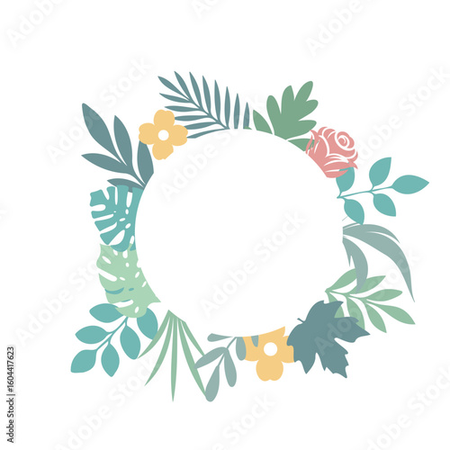 Round floral frame with bright flowers and tropical leaves on light background