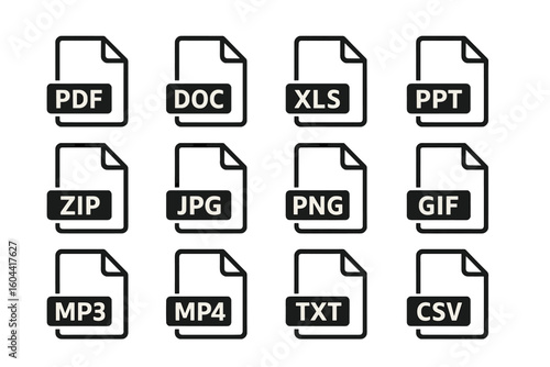 File format icon set vector illustration. Document extension button collection. PDF, DOC, XLS, PPT, ZIP, JPG, PNG, GIF, MP3, MP4, TXT, CSV symbol for web design.
