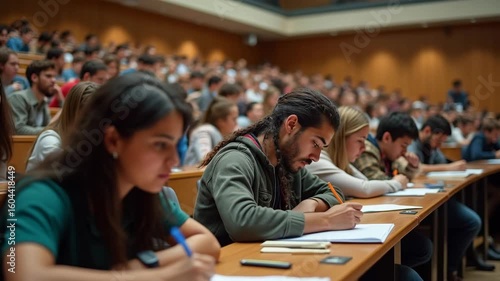 A diverse group of students concentrates on writing an exam in a spacious university lecture hall, emphasizing education and testing.
