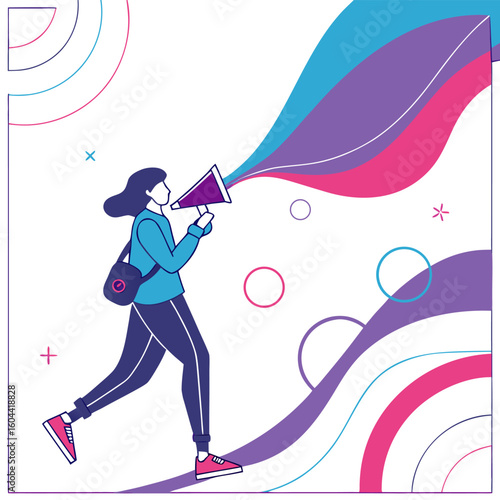 Person with megaphone announcing with colorful waves