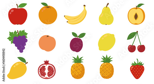 Classic Fruit Icons Flat Style Isolated on White
