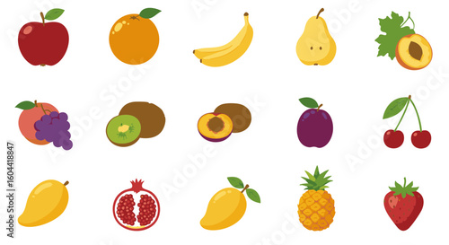 Classic Fruit Icons Flat Style Isolated on White
