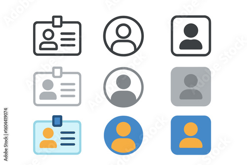ID card and user profile avatar icon set. Vector collection of symbols in flat and outline styles. Personal account, member login, contact, user interface, and identification badge.
