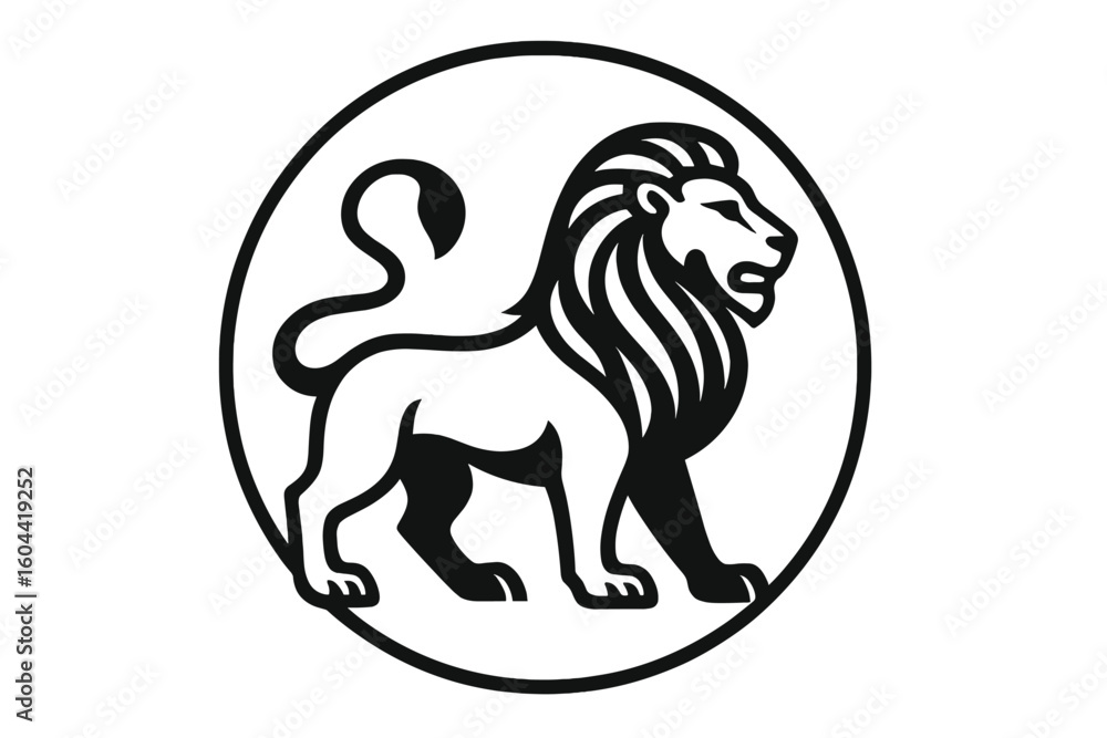 Fototapeta premium Lion logo symbol in circle. Heraldic royal animal icon. King emblem for luxury brand or security company. Leo zodiac sign. Power and strength concept vector illustration.