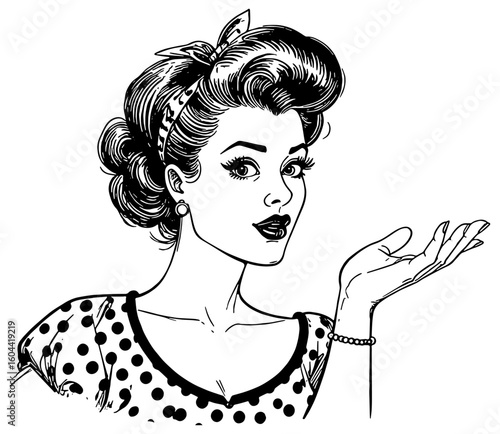 Sketch of a glamorous 1950s style woman holding her hand up 
