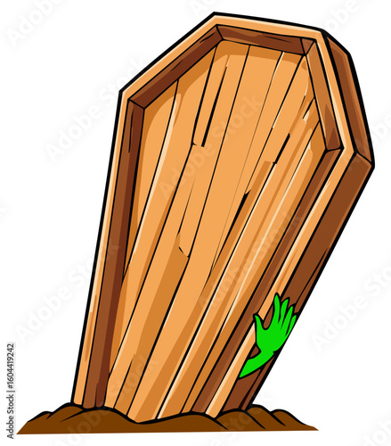 Cartoon wooden coffin with a green monster hand reaching out. Halloween clipart illustration 