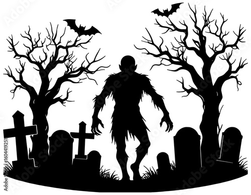 Scary halloween monster in a haunted graveyard in black silhouette 
