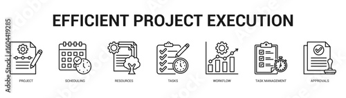Efficient Project Execution Modern and clean web banner illustration featuring thematic icons for visual communication