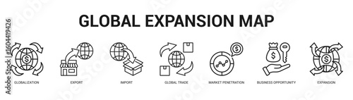 Global Expansion Map Modern and clean web banner illustration featuring thematic icons for visual communication
