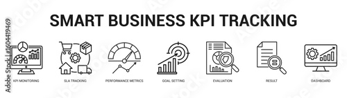 Smart Business KPI Tracking Modern and clean web banner illustration featuring thematic icons for visual communication