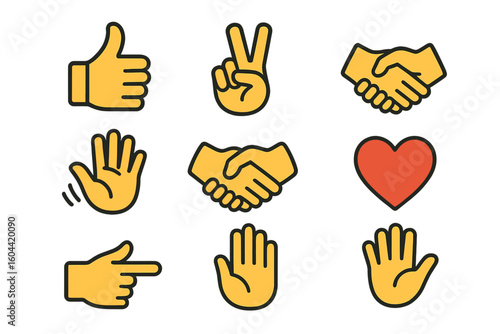 Hand gestures icon set. Vector emoji collection for web, app UI. Includes thumbs up, like, peace, handshake, agreement, deal, love, heart, pointing, waving, stop, high five.