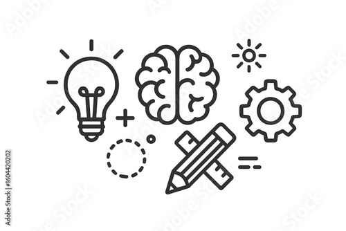 Creative process and innovation icon set. Lightbulb for idea, brain for thinking, gear for development, pencil for design. Vector illustration for website and app UI.