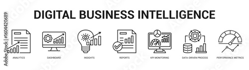 Digital Business Intelligence Modern and clean web banner illustration featuring thematic icons for visual communication