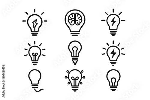 Light bulb icon vector set. Creative lightbulb collection for innovation, idea, solution, and brainstorming concepts. Electricity and energy symbol. Brain in a lamp.