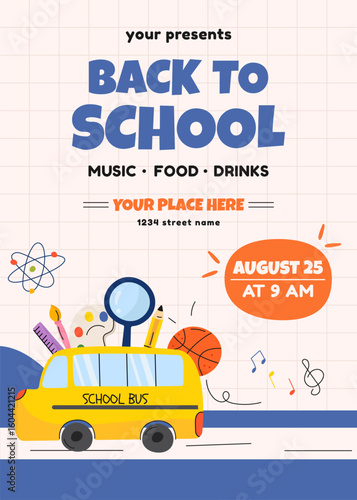 Back to school invitation poster with school bus and science elements. Vector illustration.