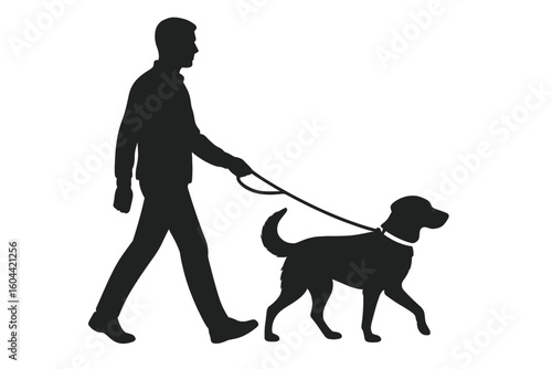 Man walking dog silhouette vector illustration. Pet owner with his puppy on a leash. Concept of friendship, companionship, daily routine, and healthy lifestyle. Isolated icon.