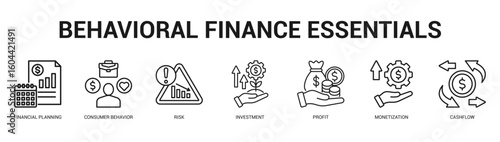 Behavioral Finance Essentials Modern and clean web banner illustration featuring thematic icons for visual communication