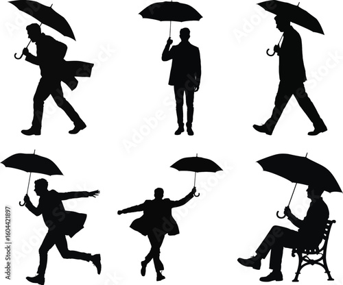 Man silhouette vector set with umbrella walking, running, sitting, and standing isolated on white background for design and decoration.