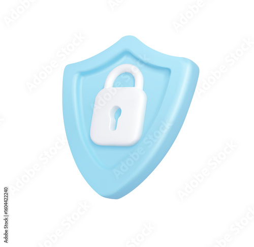 3D Render: Pastel Blue Shield with White Padlock; Secure Data Concept; Modern, Minimalist Style