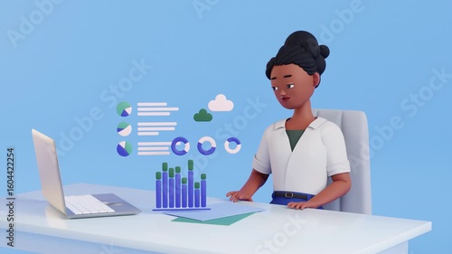 Woman character 3d animation. Financial graphs and charts, business. Accounting, analysis, audit, research. infographics. Finance statistics. office worker, manager, clerk. Looped motion design