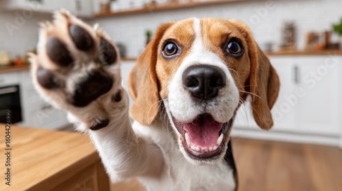 A Beagle dog giving a paw, sitting in a kitchen, with mouth open, looking at the camera.
