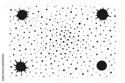 Abstract black ink splats, dots, and drops. Grunge distressed texture background. Spray paint graffiti effect pattern. Speckled grainy halftone vector illustration overlay.