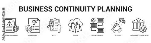 Business Continuity Planning Modern and clean web banner illustration featuring thematic icons for visual communication