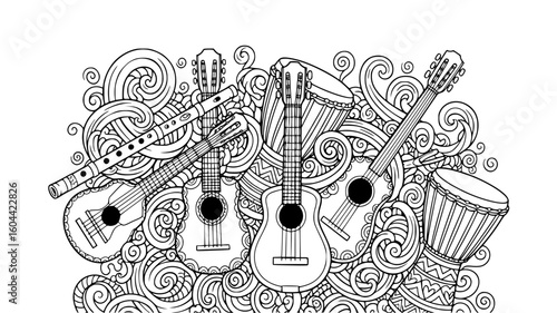 A collection of musical instruments including guitars, flutes, and drums, set against a decorative background