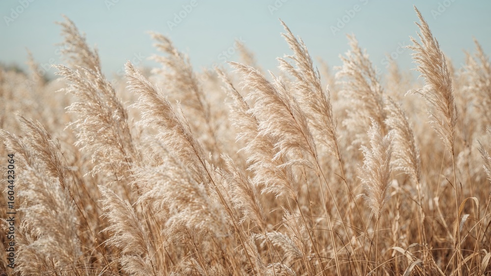 Obraz premium Hazy natural setting showcasing Pampas grass in light pastel hues. Panoramic format. Dry reeds styled in boho fashion. Area for copy. Banner.