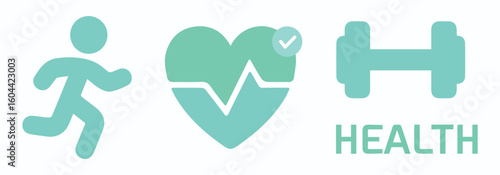 Sports, mental health, health, gym, bodybuilding, physical activity, workout. Heartbeat, running, runner, heart, healthy. Body, well-being, fitness, movement, aerobics. Shape, set, icon, vector