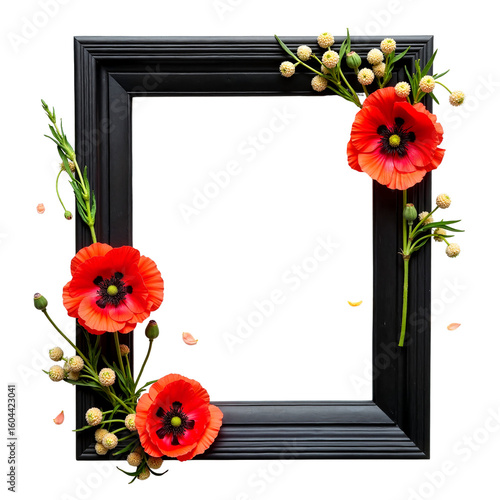 Floral arrangement with poppies in a black frame on white background  