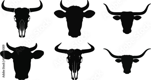 Bull and cow head silhouette vector collection with skull and horn illustration set isolated on white background for design and decoration.