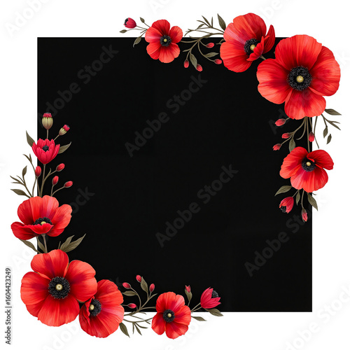 Floral border design with red poppies on black background  