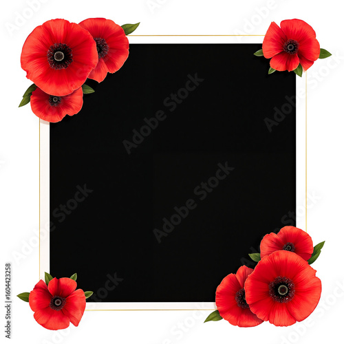 Red poppy flowers framing a black background in floral design  