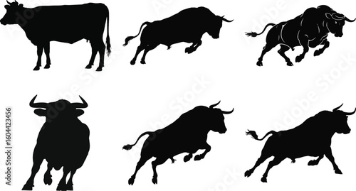 Bull and cow silhouette vector collection with running bull and standing cow illustration set isolated on white background for design and decoration.