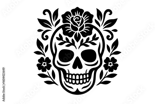 Sugar skull with rose and flowers for Day of the Dead, Dia de los Muertos. Mexican calavera symbol. Vector illustration for tattoo, logo, t-shirt print. Halloween design.