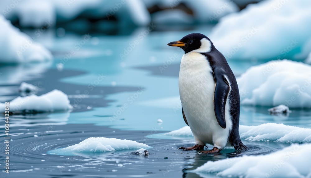 Obraz premium this image captures a penguin standing amidst ice floes, appearing to be moving through them. the background is composed of icy landscape with cold colors predominant