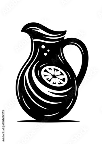 Black and white graphic of a decorative pitcher with lemon slice design