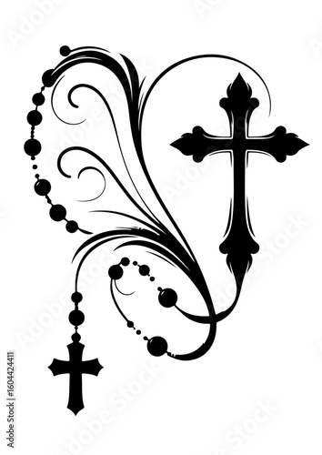Elegant black cross and rosary beads with floral swirls on white background