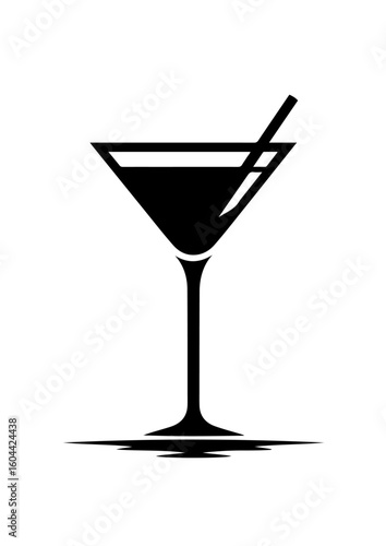 Minimalist black martini glass silhouette with straw icon on white background