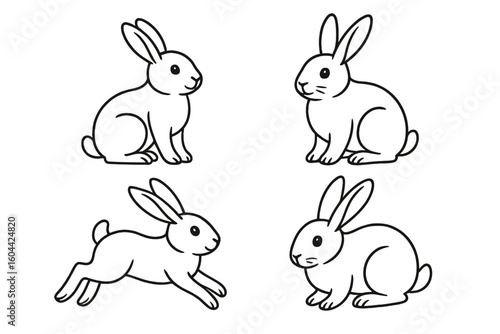 Rabbit line art vector illustration set. Cute bunny outline icons for Easter and spring designs. Simple cartoon hare collection for coloring book pages or stickers.