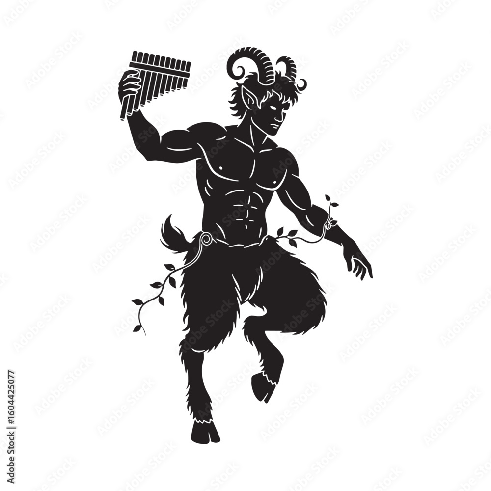 Obraz premium Mischievous Pan digital black silhouette, showcasing his distinctive and playful form – Pan silhouette – Pan Vector – Silhouette of Pan – Greek god vector