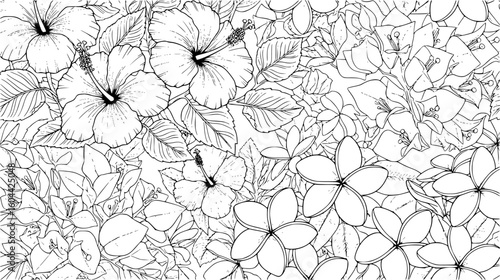A detailed black and white line drawing of a tropical floral pattern featuring hibiscus and plumeria flowers with lush foliage