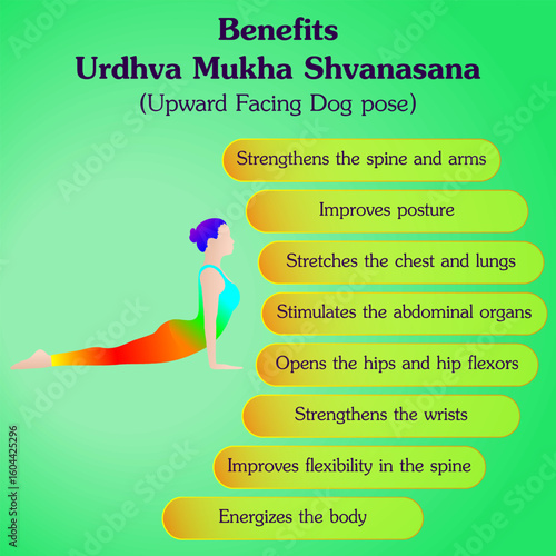 Benefits of practicing Urdhva Mukha Shvanasana yoga pose. Upward Facing Dog yoga pose. Isolated vector illustration