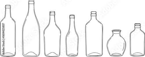 a collection of various shaped clear glass bottles, minimalistic black outline drawing, white background, simple design

