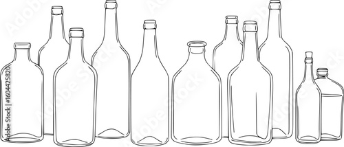 a collection of various shaped clear glass bottles, minimalistic black outline drawing, white background, simple design

