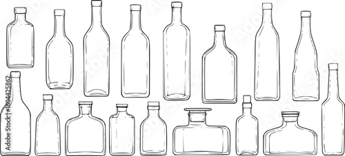 a collection of various shaped clear glass bottles, minimalistic black outline drawing, white background, simple design

