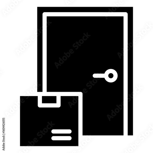 Doorstep Delivery Glyph Black Silhouette Icon Vector Design - Box in front of door, indicating home delivery, doorstep drop-off, or contactless shipping