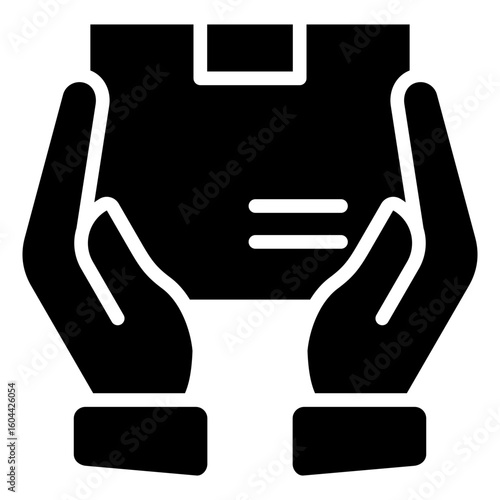 Package Care Glyph Black Silhouette Icon Vector Design - Two hands holding a package, representing fragile handling, secure delivery, or product care